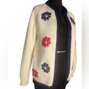 Vtg Mod Retro 3D Floral Boho Chunky Embroidered Cardigan Womens Size S Preppy
